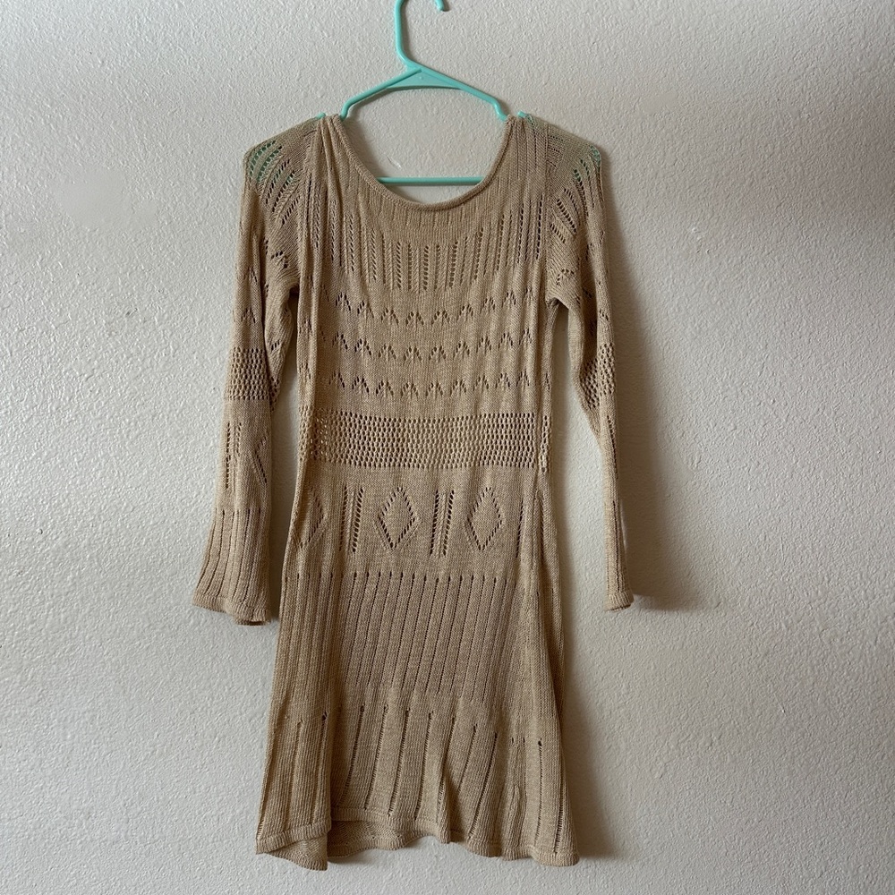 Beige Knit Long Sleeve Coverup